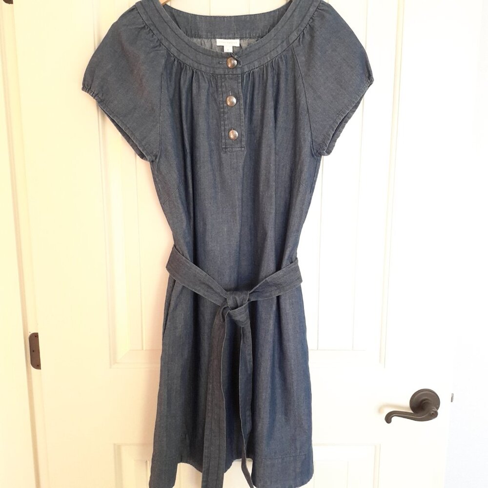 Charter Club Denim Shift Dress Short Sleeve Round Neck w/Self Belt Blue Size 16